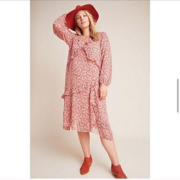 Anthropologie - Maeve Sirena Pink Floral Ruffle Tiered Tunic Boho Midi Dress - Picture 1 of 9